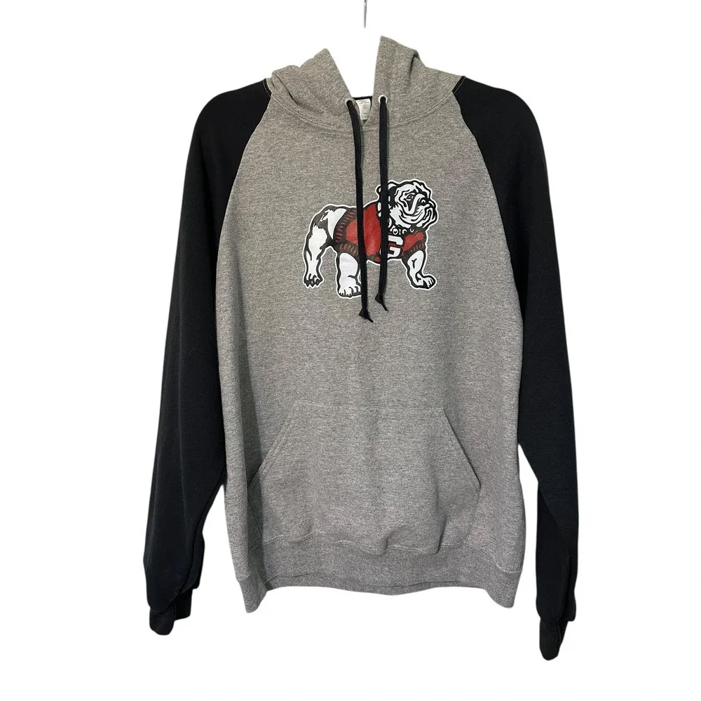 Mens Gray Black Bulldog Graphic Raglan Hoodie Sweatshirt‎ Size L